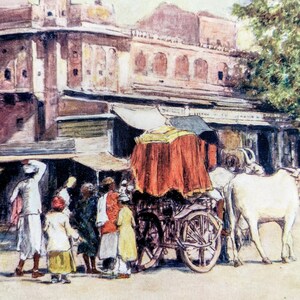 1905 A Native Bulllock-cart Jaipur Oryginalny Vintage Print - Antyk - Życie w mieście, miasteczku i na wsi w Indiach