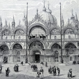 1878 Die Westfront von St Mark&#39;s, Venedig Original antiker Stich - Italien - Viktorianisches Dekor - Montiert - Wanddekor