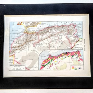 Carte de 1948 de l'Afrique du Nord, du Maroc, de l'Algérie et de la Tunisie Impression d'époque originale - Passe-collé et passe-partout - Géographie