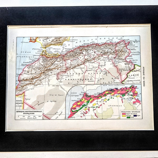 1948 Map of North Africa Morocco, Algeria and Tunisia Original Vintage Print -  Mounted and Matted - Geography