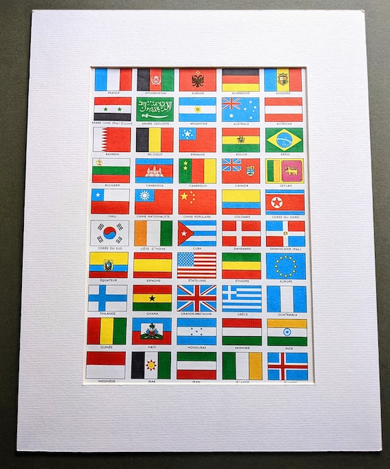 1948 Flags Chart Original Vintage Print - Fifty Countries