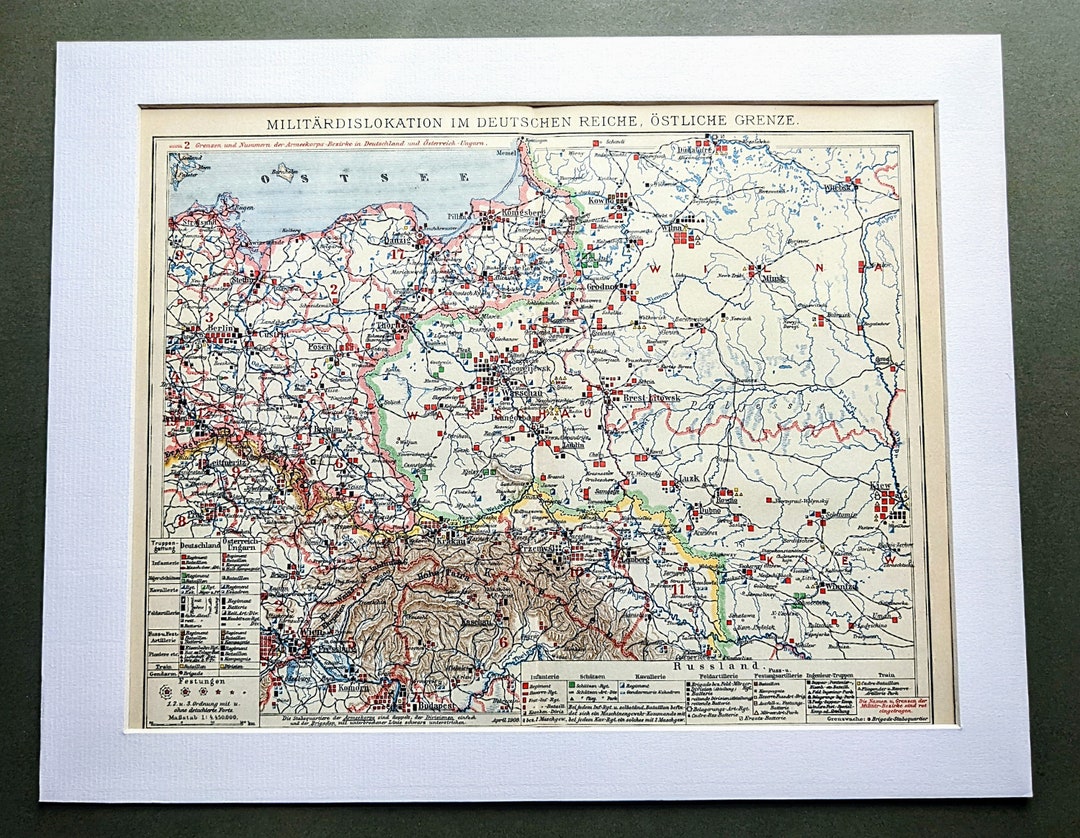 1908 Military Map of Germany, Eastern Border Original Antique Print ...