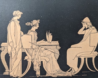 Ulises en la mesa de Circe, 1892. Grabado antiguo original, montado y enmarañado. Antigua Grecia. Flaxman. Clásicos. Poesía épica.