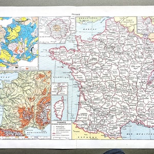1948 フランスの大きな地図 - オリジナル ヴィンテージ プリント - 地理 - 地図作成 - 壁装飾