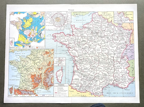 1948 Une grande carte de France Impression vintage originale Géographie  Cartographie Décoration murale -  France