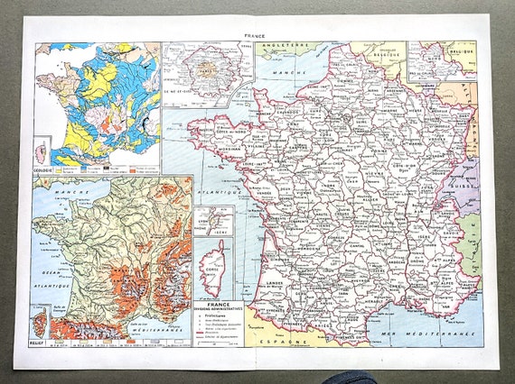 1948 Une grande carte de France Impression vintage originale Géographie  Cartographie Décoration murale -  France