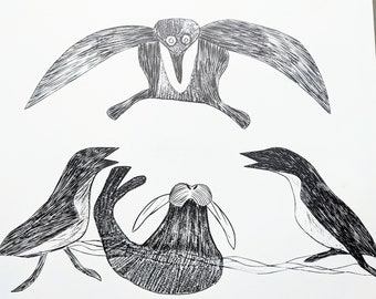イヌイットアート｜セイウチと男たち｜北極圏アートワールド｜石版画