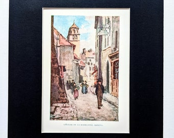 1930 L&#39; Église  De la Madeleine, Geneva  Original Vintage Print - Mountains -   Alps - Europe -  Matted - Wall Décor