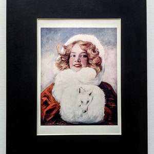 May include: A woman in a white fur-trimmed hat and coat holds a white fox in her arms. The woman is smiling and looking at the viewer. The background is a light blue and white watercolor wash.