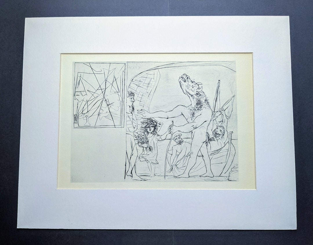 1956年 ボワジュルー（野生の花束を持った少女に導かれる盲目のミノタウロス。左上、「マラーの死」のスケッチ（逆さま））ヴィンテージプリント -  Etsy 日本, image size:1080x847
