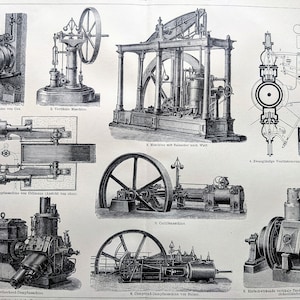 May include: A detailed illustration of various steam engines, showcasing different designs and mechanical components. The image includes labeled diagrams and technical drawings of the engines, with large flywheels and intricate mechanisms. The style is reminiscent of vintage engineering diagrams.