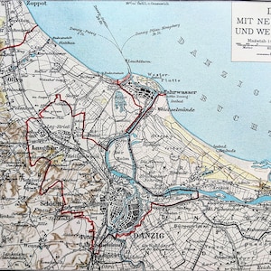 1908年ダンツィヒ市地図オリジナルアンティークプリント - ポーランド - リトグラフ - 地図 - マウント＆マット - 壁装飾
