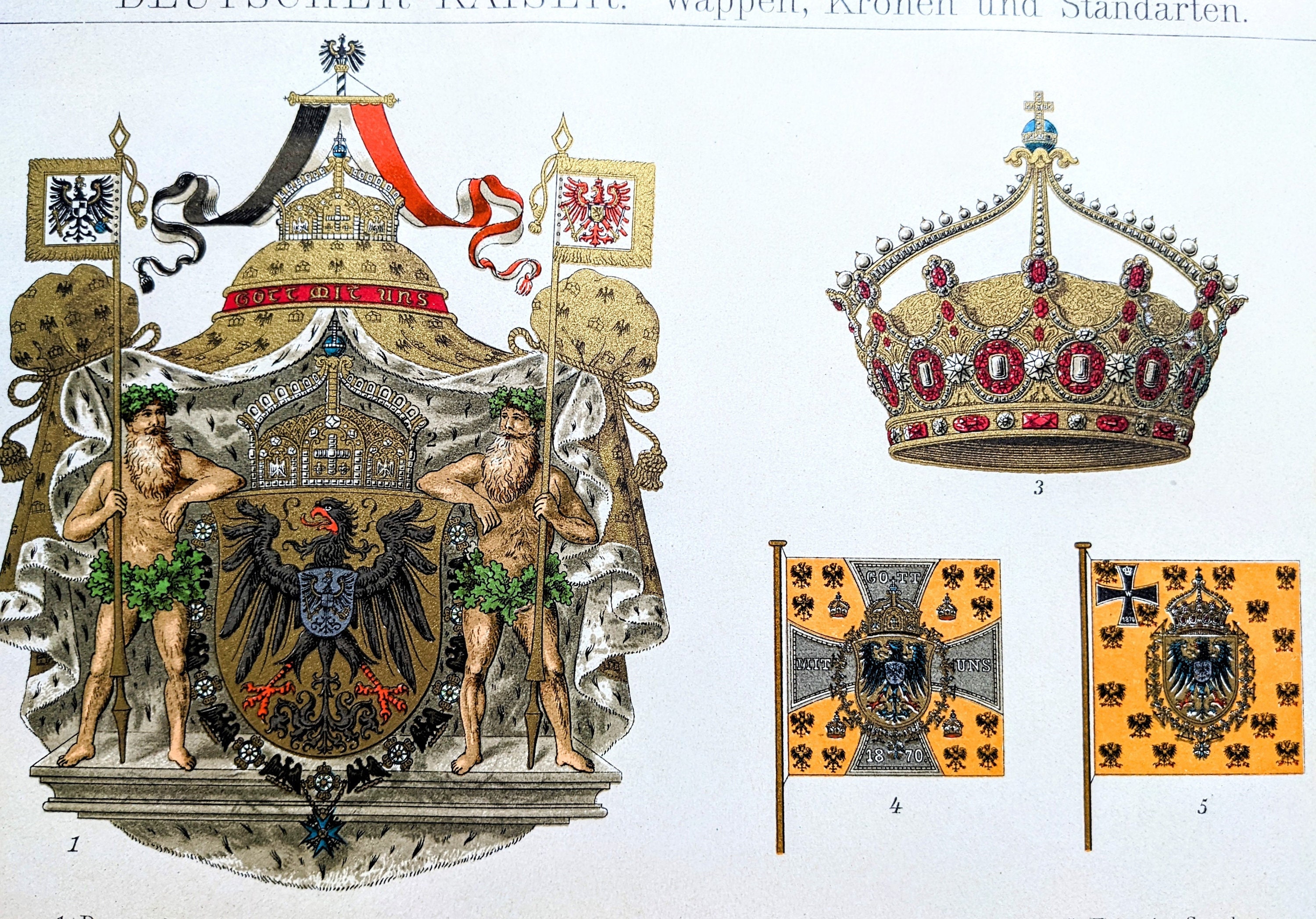 1908年ドイツ皇帝の紋章、王冠、旗オリジナルアンティークプリント