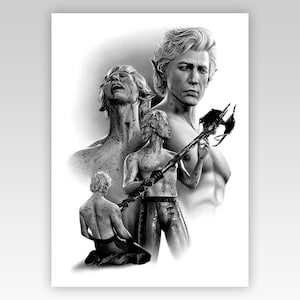 以下が含まれることがあります： 白黒のアートプリントで、肌が白く髪の毛が明るい複数の人物が描かれています。ある人物は、暗く装飾された頭を持つ武器を持っています。このアートワークは、人物の表情や筋肉に焦点を当てた、詳細で写実的なスタイルです。