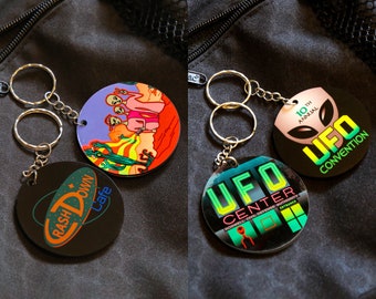 Roswell inspired Crashdown Cafe & UFO Center Keychains.