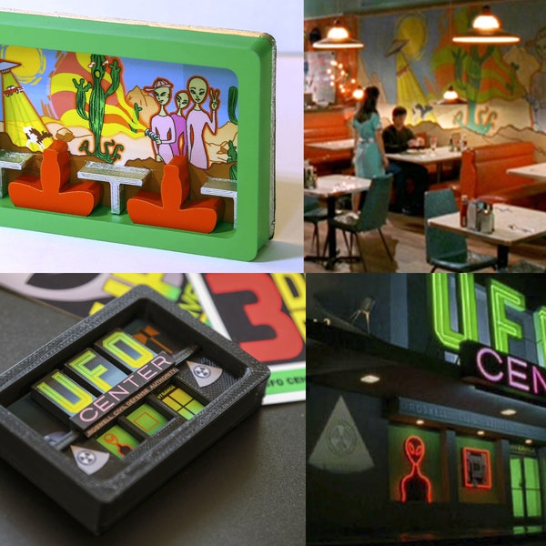 Roswell inspired Crashdown Cafe Mural & UFO Center 3D fridge magnet.