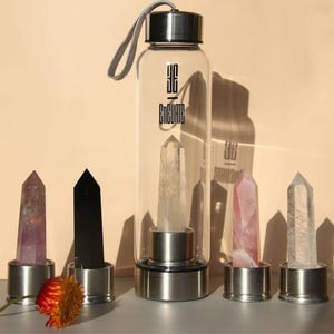 Crystal Elixir Water Bottle – 18oz Glass Gemstone Bottle w/ Clear Quartz, Rose Quartz, Amethyst, or Smoky Quartz + Digital Ritual Guide