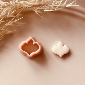 Op de afbeelding: Twee roze plastic koekjessnijders in een bloemmotief. Eén is een mal en de andere is een kleine, witte, afgewerkte koek. De afbeelding staat op een roze ondergrond met gedroogde planten op de achtergrond. Copyright 2024 Babycutters.