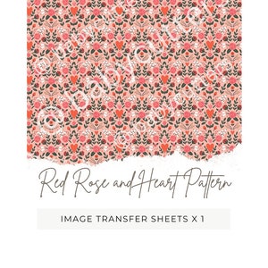 May include: A sheet with a repeating pattern of red roses and hearts on a light pink background. The design includes small green leaves and dark red accents. The text "Red Rose and Heart Pattern" is written in cursive.