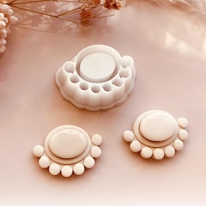 May include: Three white polymer clay cutters for crafting, arranged on a light pink surface. The cutters are in the shape of a fan or a stylized flower, with a central oval and small circular accents. The image includes the text "© Babycutters, 2025".