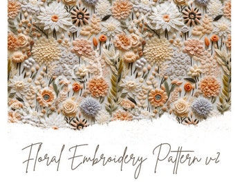 May include: A detailed floral embroidery pattern in shades of cream, peach, and gray. The design features various flower types and foliage. The text "Floral Embroidery Pattern v2" and "IMAGE TRANSFER SHEETS" are also visible.