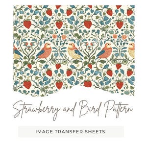 May include: A repeating pattern featuring red strawberries, blue leaves, and colorful birds on a cream background. The text "Strawberry and Bird Pattern" is displayed above "IMAGE TRANSFER SHEETS".