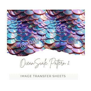 May include: Close-up of a shimmering, iridescent pattern resembling ocean scales. The scales transition from shades of blue to purple, creating a textured, aquatic effect. The text "Ocean Scale Pattern 2" is visible.