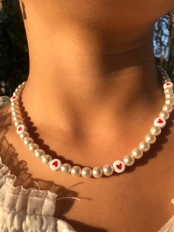 Heart Pearl Necklace Y2K Jewelry Pearl Necklace With Heart Etsy