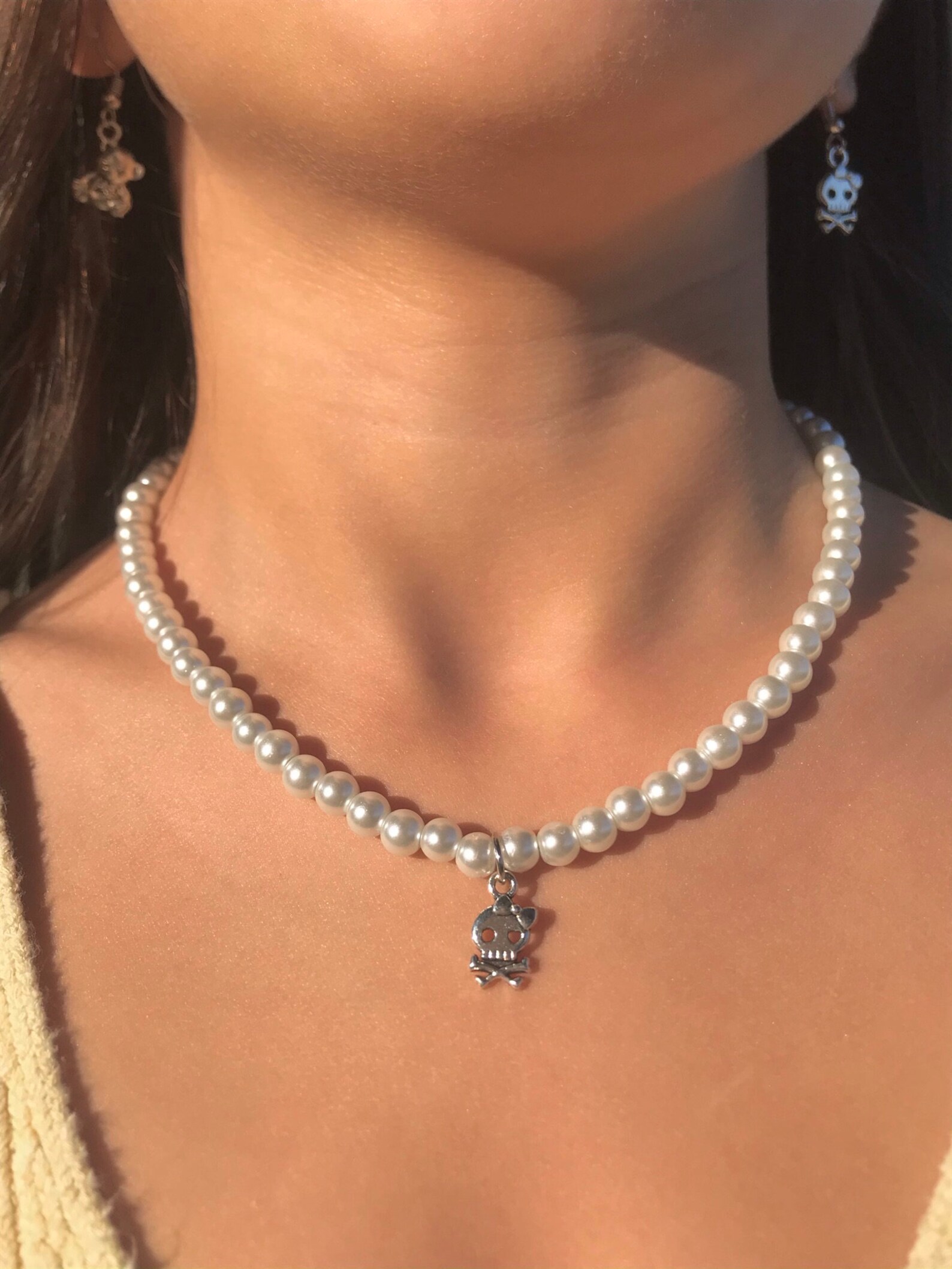Skull Pearl Necklace Pearl Necklace With Y2K Charm Choker Etsy
