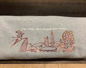 Epcot's Stay Tuned We're Building Your Future Sweatshirt - Theme Park Inspired Holographic Crewneck