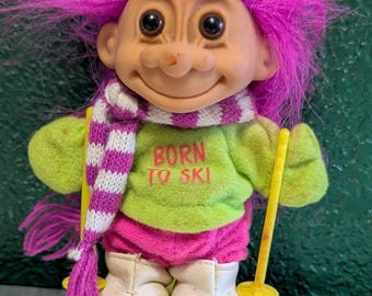 Skier Troll Doll Born To Ski 5" Vintage Russ Berrie Pink Hair