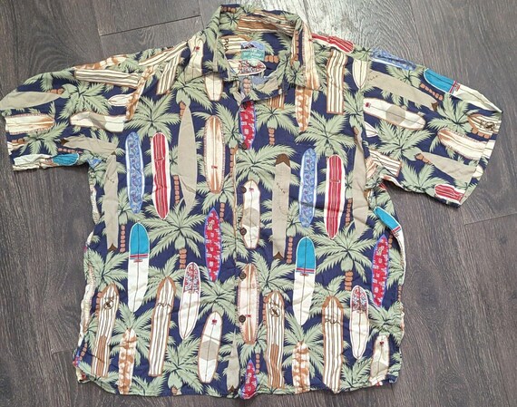Reyn Spooner Hawaiian Shirt Surf Long Board Chic Waikiki Beach Palm Tree Vintage