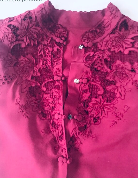 Vintage Crimson Chinese Silk Embroidered Blouse