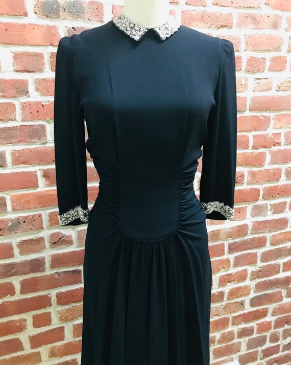 Vintage 1940's Black Crepe Dress with Beaded deta… - image 2