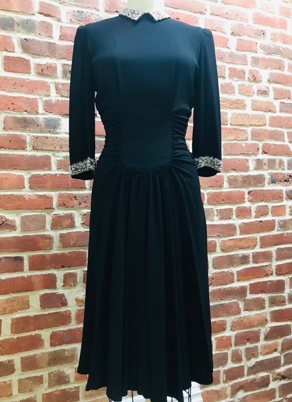 Vintage 1940's Black Crepe Dress with Beaded deta… - image 1