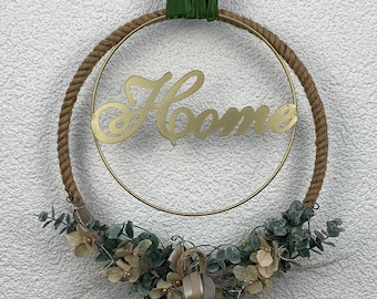 Couronne de porte printanière, décoration de porte toute l'année, anneau en métal avec inscription « Home ». Environ 40 cm de diamètre.