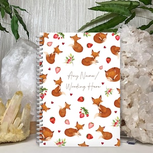 Personalised A5 Fox Notebook: custom name notepad. Strawberry Autumn Design, wirebound, Softback