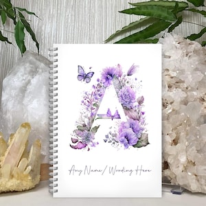 Personalised A5 Notebook Notepad Wirebound Softbacked Lilac Purple Floral Butterfly Letters Monogram, Spiral Notebook, gifts for her / him