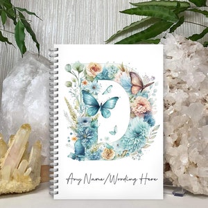 Personalised Blue Floral Butterfly Notebook: Monogram Initial A5 Wirebound Softback. Gifts for her
