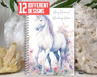 Personalised A5 Notebook Notepad Wirebound Softbacked Floral Unicorn print, fantasy horse Theme, Spiral Notebook gifts for him / her