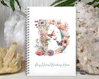Personalised Pink Floral Butterfly Notebook: custom name monogram notepad. A5 Wirebound, Softback,