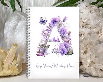 Personalised A5 Notebook Notepad Wirebound Softbacked Lilac Purple Floral Butterfly Letters Monogram, Spiral Notebook, gifts for her / him