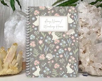 Personalised Bunny & Hedgehog Notebook. Custom name, floral spring notepad. Wirebound, A5, Softback