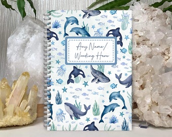 Personalised Sea Creature Notebook: custom name ocean notepad. A5, Wirebound, Softback. Whale, dolphin, orcha, fish