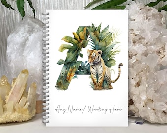 Personalised A5 Notebook Notepad Wirebound Softbacked Tiger, Jungle, Tropical Animal, Letters Monogram, Spiral Notebook, gifts for her