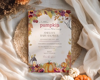Autumn Pumpkin Personalised Baby Shower Invites – Printed Event Invitations with Envelopes