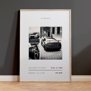May include: A vertical poster featuring three black and white photographs of a Nissan Skyline GT-R R35. Text includes NISSAN, SKYLINE GT-R (R35), 0-60: 2.7 SEC, ENGINE: 3.8-LITER, and 480 BHP. The images show the car from the front, rear, and interior.