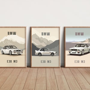 May include: Three framed prints of a white BMW E30 M3 car against different scenic backgrounds. Each print features the text "BMW" and "E30 M3".