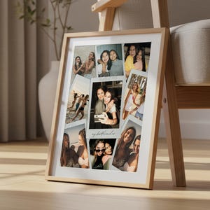 May include: A light wood picture frame containing a collage of multiple square and rectangular photographs featuring various groups of friends. The central photo includes the handwritten text my bestfriend.co at the bottom of the white border.