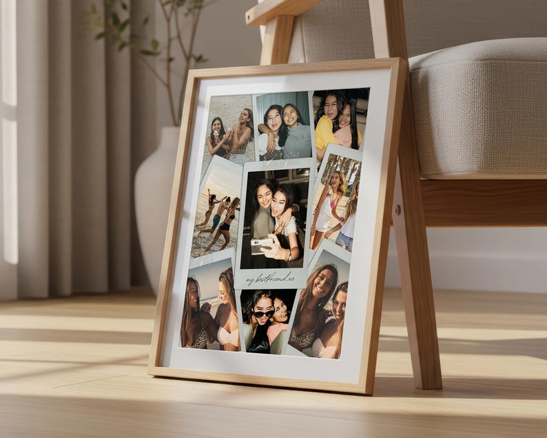 May include: A light wood picture frame containing a collage of multiple square and rectangular photographs featuring various groups of friends. The central photo includes the handwritten text my bestfriend.co at the bottom of the white border.